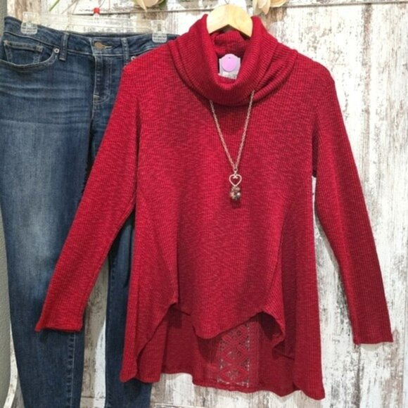 Artesia Women's Lightweight Sweater Size Medium Red Cowl Neck Crochet Holidays - Picture 1 of 13